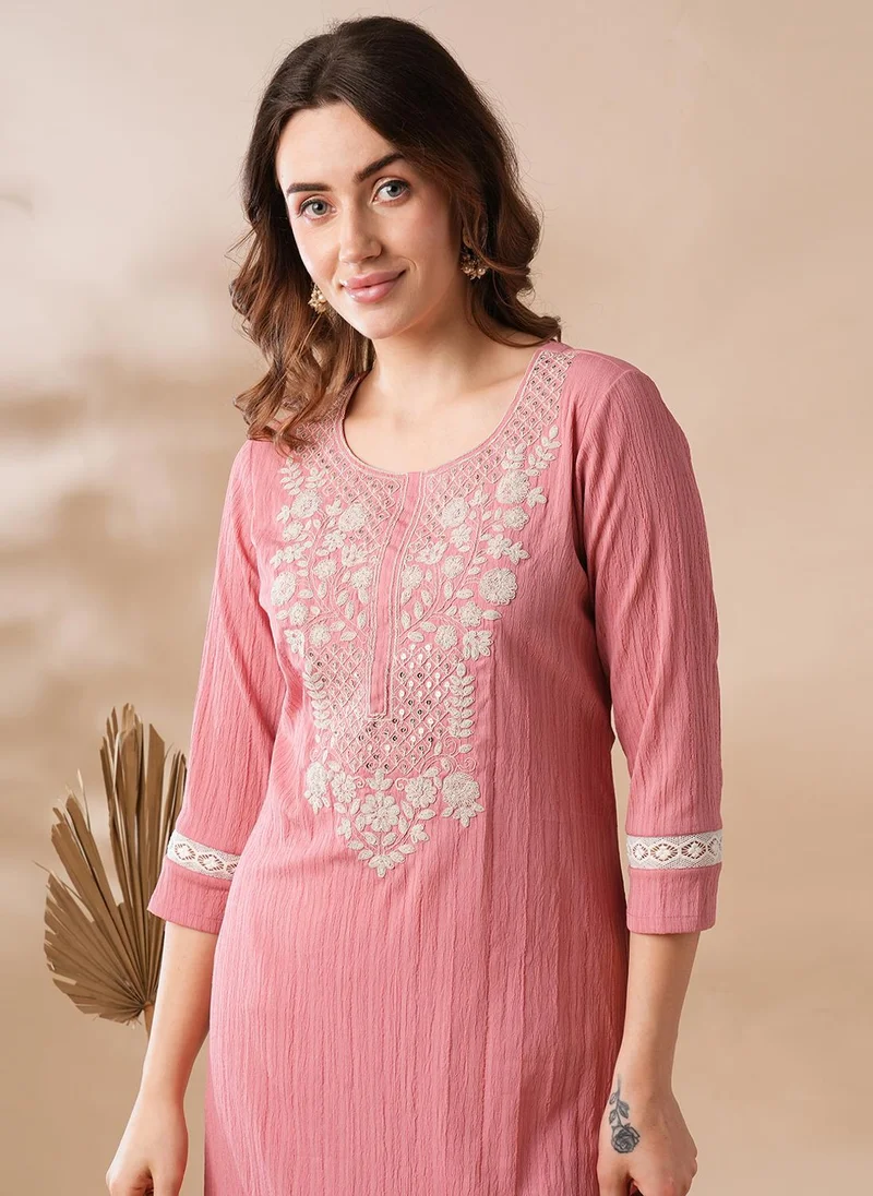 globus  Globus Women Sequinned & Floral Embroidered Yoke Structured Fabric Straight Workwear Kurta for Women | Best Price UAE